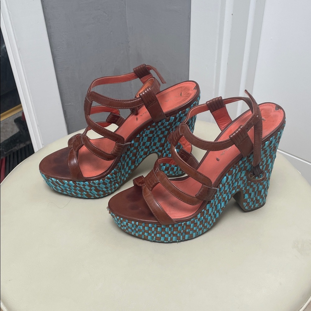 Via Spiga Brown Leather Strappy Platform Sandals with Teal Woven Heel